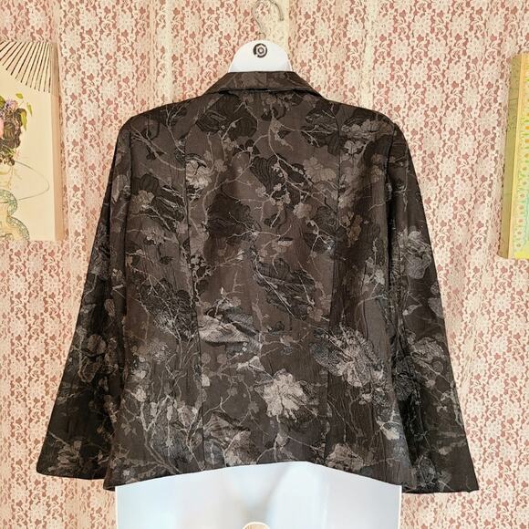 Vintage 90s logo instant chic black tapestry floral ruffle button blazer Sz 18 - Picture 3 of 12